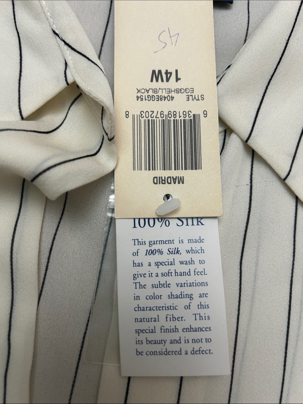 Charter Club Silk Cream Button-Down Shirt with black Pinstripes size 14 W - Picture 11 of 15